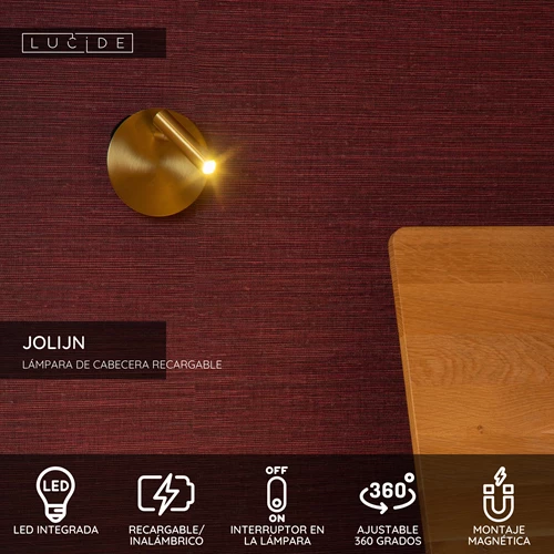 Lucide JOLIJN - Lámpara de cabecera / Lámpara de pared Recargable - Batería/acumulador - Ø 10,2 cm - LED - 1x2W 3000K - Magnético - Oro mate / Latón - USP